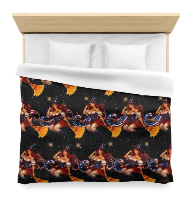 Bedroom mockup featuring king duvet cover with repeating celestial witch pattern design