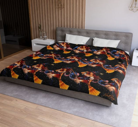 Close-up mockup of microfiber king duvet cover showing vibrant repeating pinup artwork