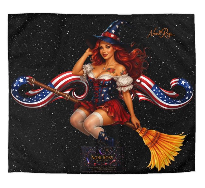 Patriotic witch king duvet cover with pinup design and starry night background on bed