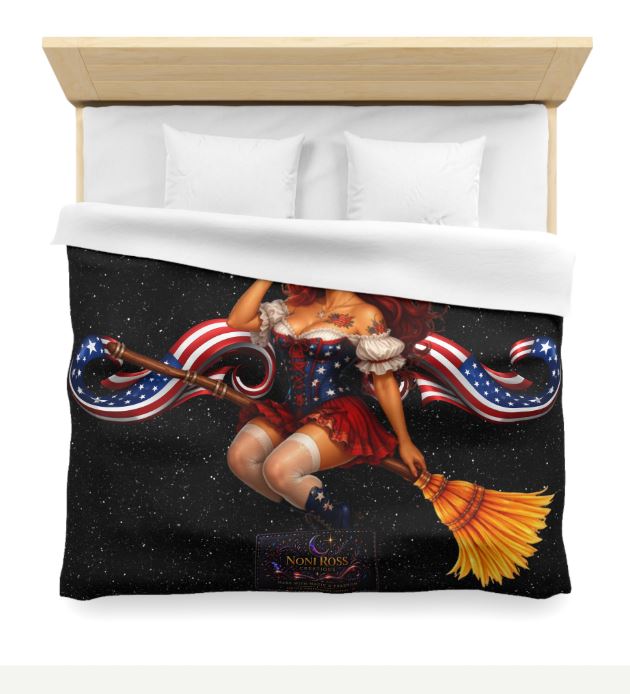 Bedroom mockup featuring king duvet cover with celestial witch design and vibrant colors