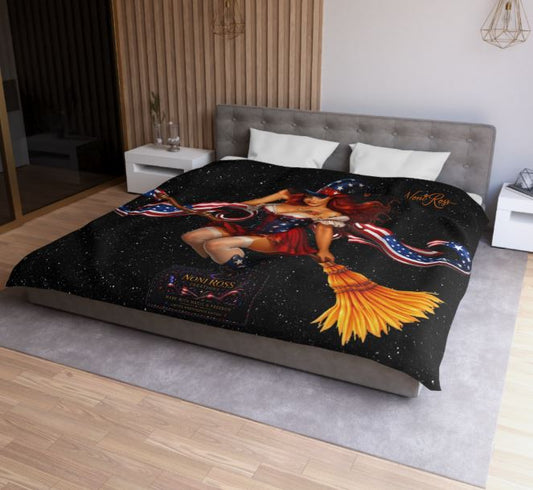 Close-up mockup of microfiber duvet cover showing detailed pinup witch artwork and texture