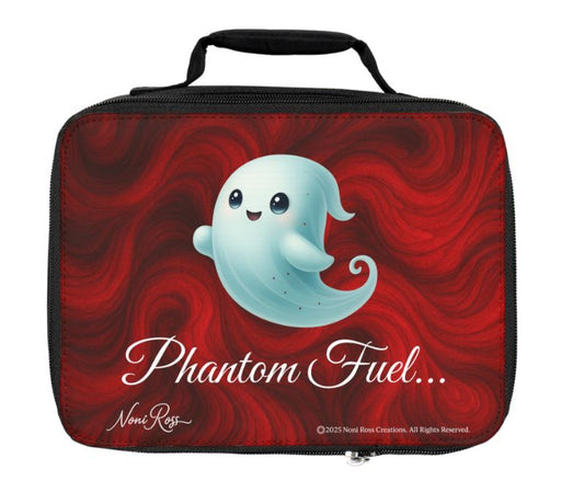 BOO Crew Phantom Fuel lunch box with cute ghost and red swirl background by Noni Ross Creations