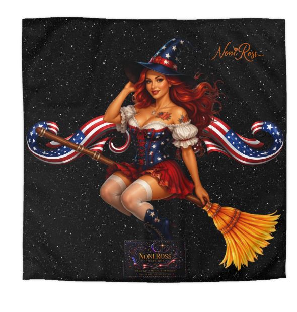 Queen size patriotic witch duvet cover with pinup design and starry night background