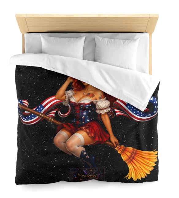 Styled bedroom mockup featuring patriotic witch duvet cover with celestial stars design