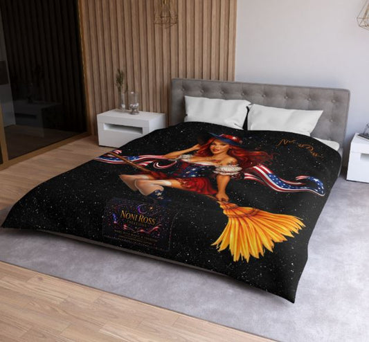Close-up mockup of microfiber duvet cover showing detailed pinup witch and vibrant print