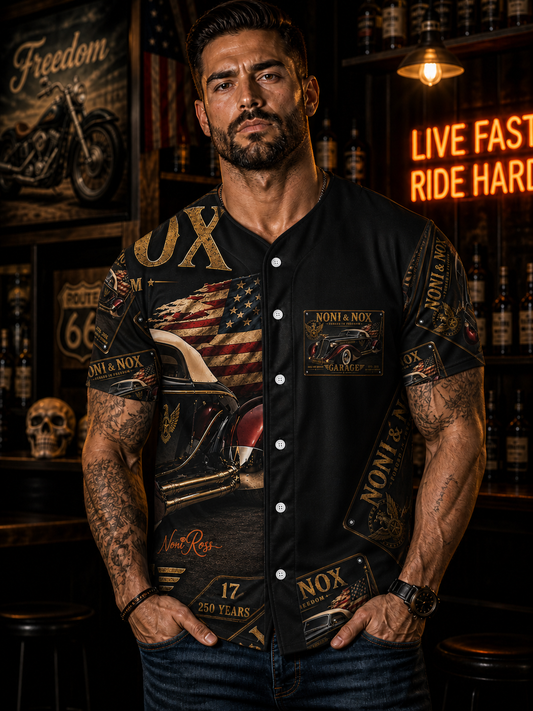 Male model wearing Noni & Nox Auburn Speedster jersey front view showing bold vintage car graphic and patriotic gold detailing