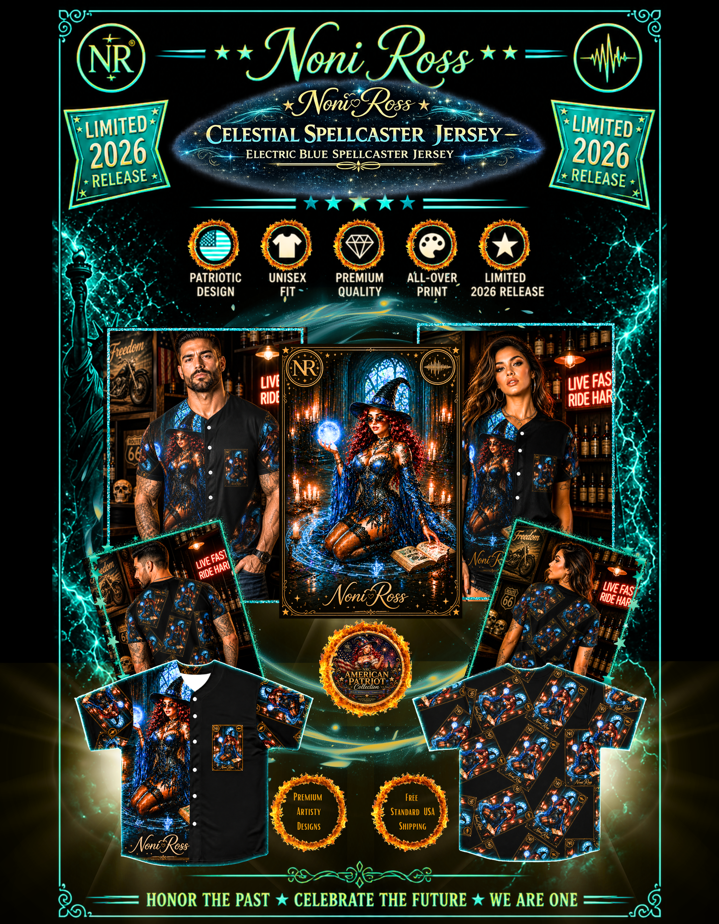Celestial spellcaster jersey product showcase with male and female models, front and back views, electric blue gothic witch design, premium all-over print Noni Ross Creations apparel