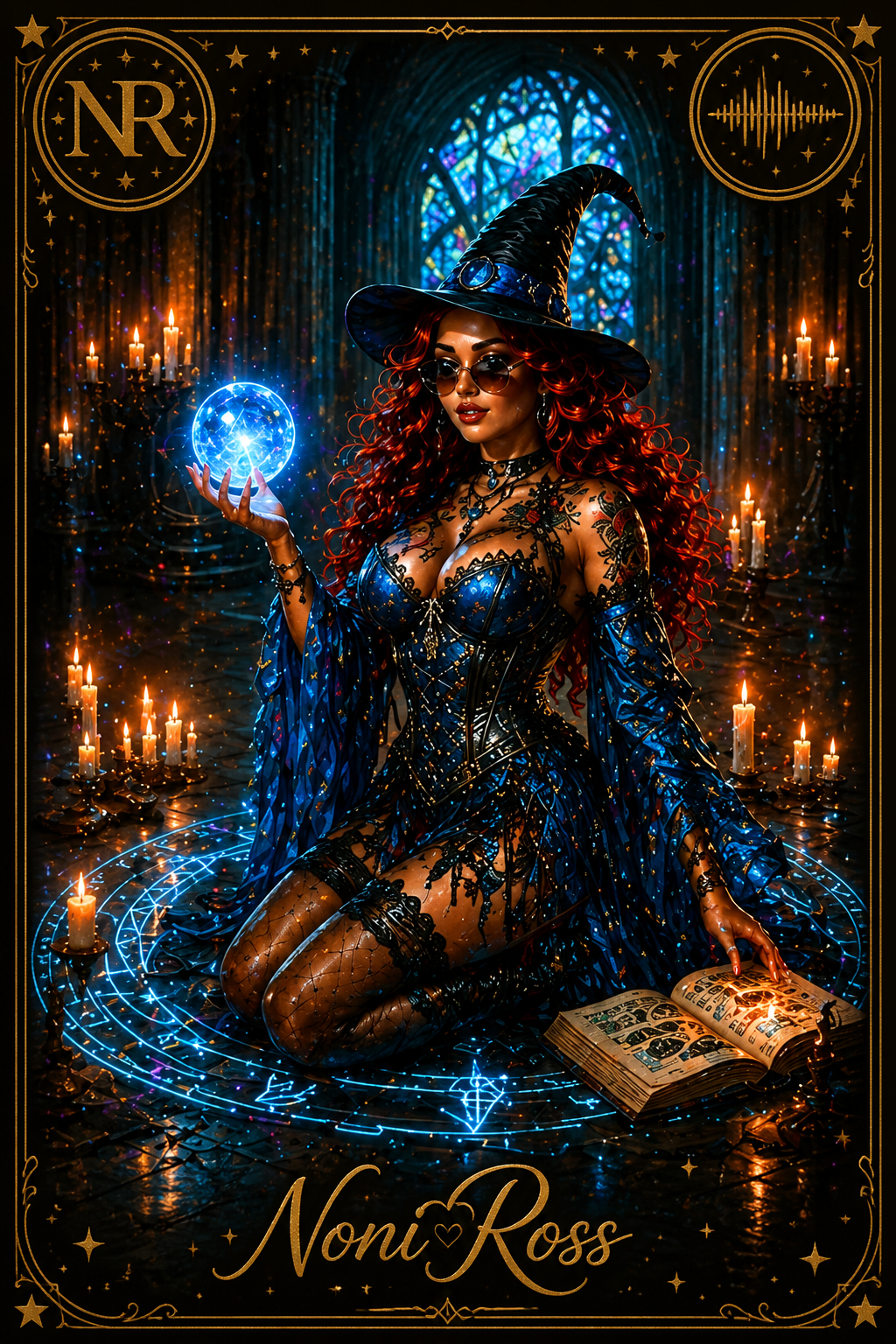 Noni Ross Celestial Spellcaster Jersey electric blue gothic witch shirt featuring a mystical red-haired witch in a candlelit cathedral holding a glowing orb with arcane symbols and magical circle