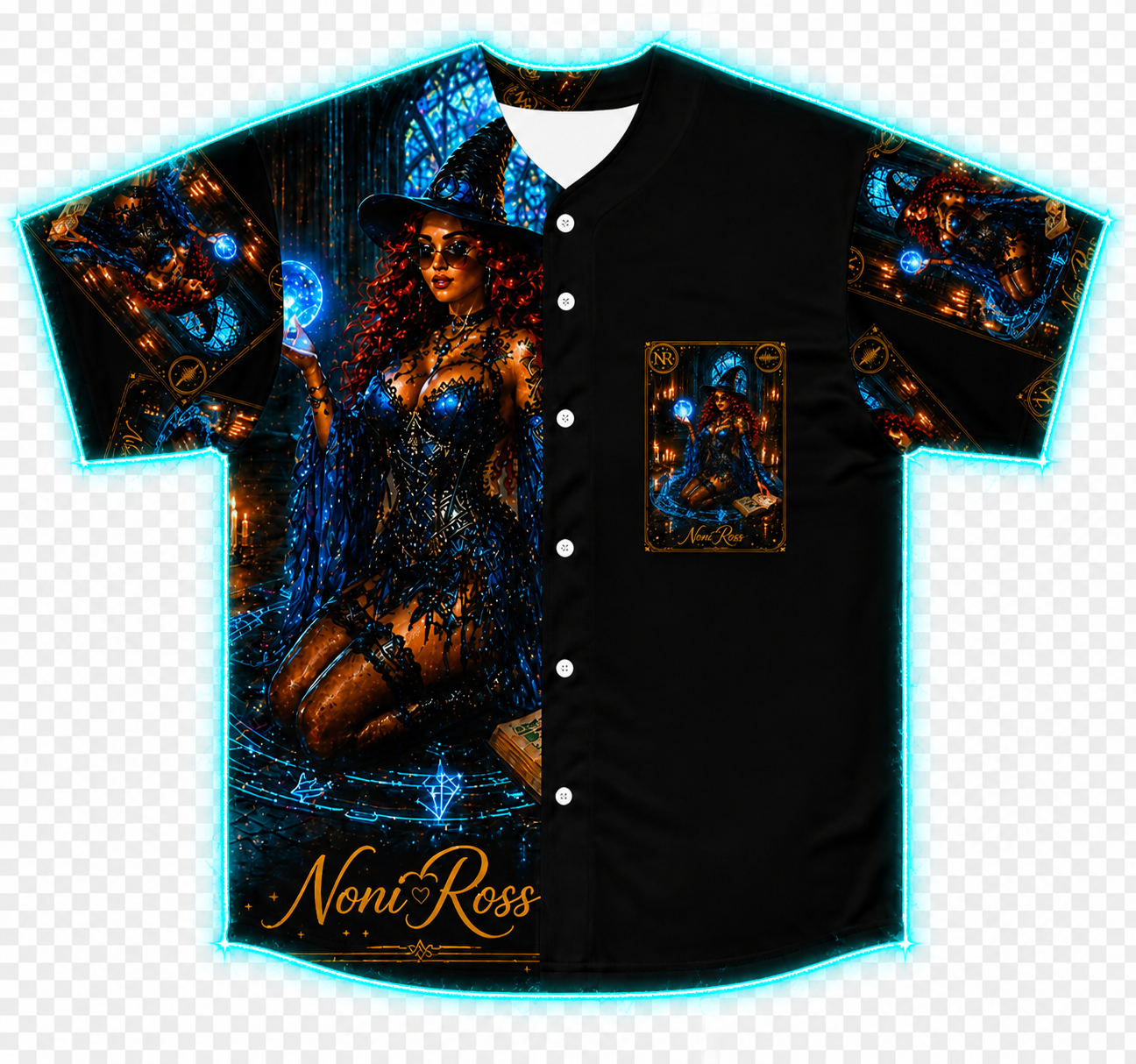 Electric blue celestial spellcaster jersey front flat with glowing teal outline, gothic witch artwork and magical orb design, premium Noni Ross Creations shirt