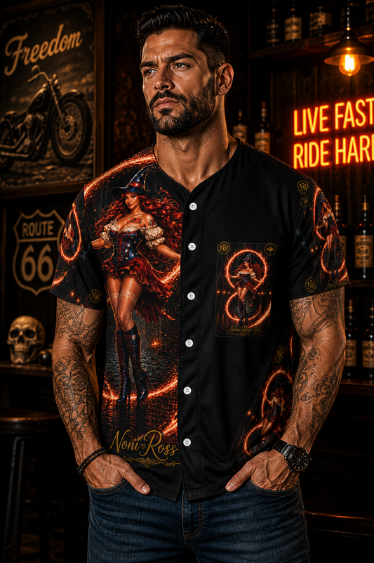Noni Fire Ring Independence Jersey 2026 worn by male model front view featuring patriotic witch design with fiery ring effects, black premium button jersey, bold USA themed artwork