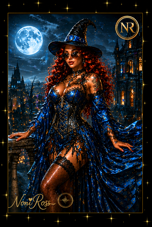 Midnight Moon Spellcaster witch artwork by Noni Ross featuring a red-haired sorceress in a deep blue gothic dress under a glowing full moon with cityscape backdrop, gold NR emblem and signature within a star-framed design