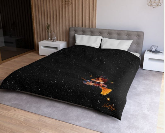 Modern bedroom featuring Queen minimalist duvet cover with single pinup witch design and dark aesthetic decor