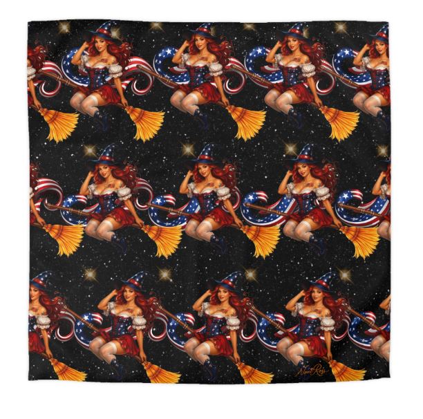 queen duvet cover with patriotic witch pattern on black starry background displayed on modern bed