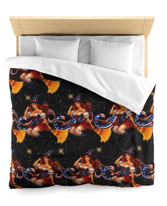 black duvet cover with repeating red white and blue witch design shown in stylish bedroom setting