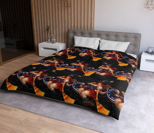 bold patterned queen bedding featuring patriotic witch artwork with celestial background in modern room