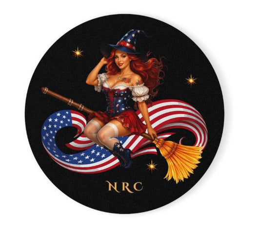 Round cork coaster featuring patriotic witch design with red haired pinup witch and celestial background