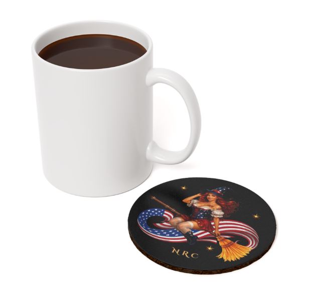 Square witch coaster displayed with coffee mug highlighting glossy artwork and modern design