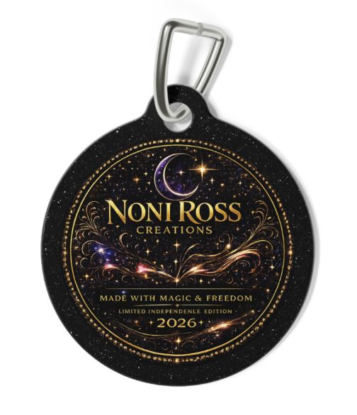 NRC pet collar tag with celestial gold logo design on black starry background round metal tag