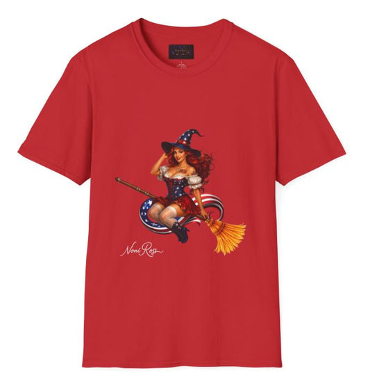 red shirt with bold patriotic witch riding broom stars and stripes artwork