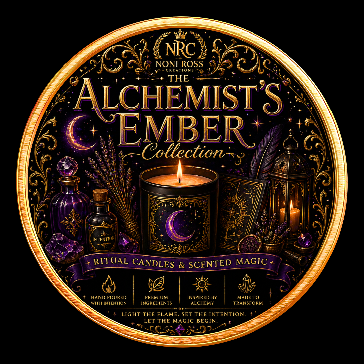 Noni Ross Creations Alchemist’s Ember Collection badge featuring luxury candles with glowing flame, gold accents, and mystical ritual aesthetic