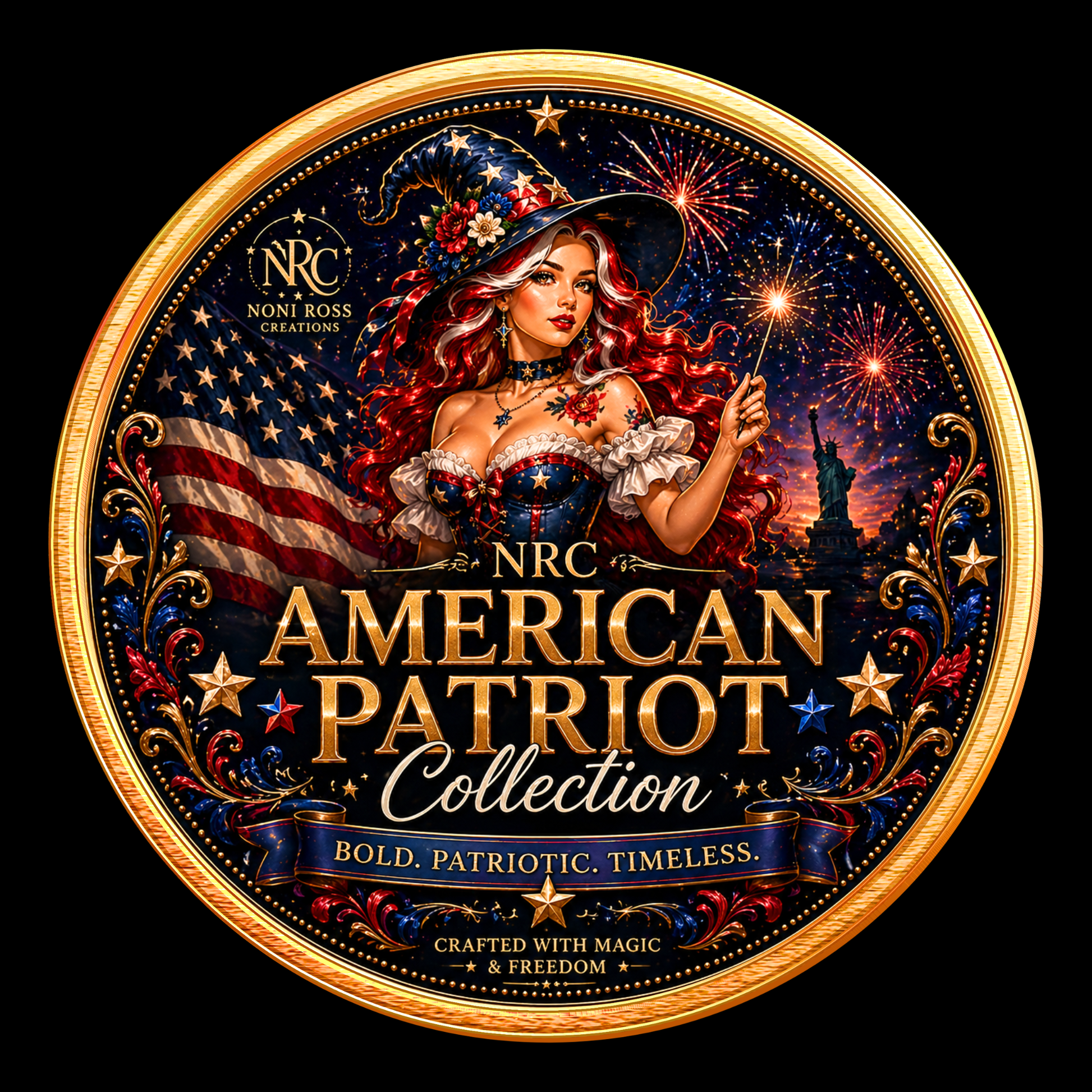 Noni Ross Creations American Patriot Collection badge featuring bold patriotic designs with stars, stripes, and magical gothic elegance