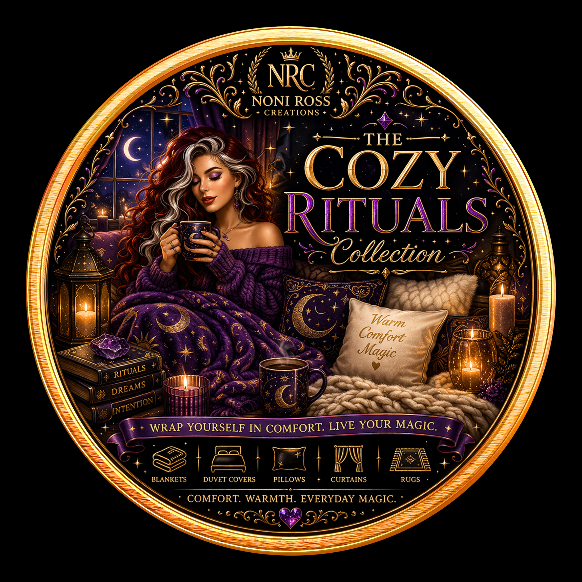 Noni Ross Creations Cozy Rituals Collection badge featuring blankets, pillows, and home comfort décor with warm magical ambiance