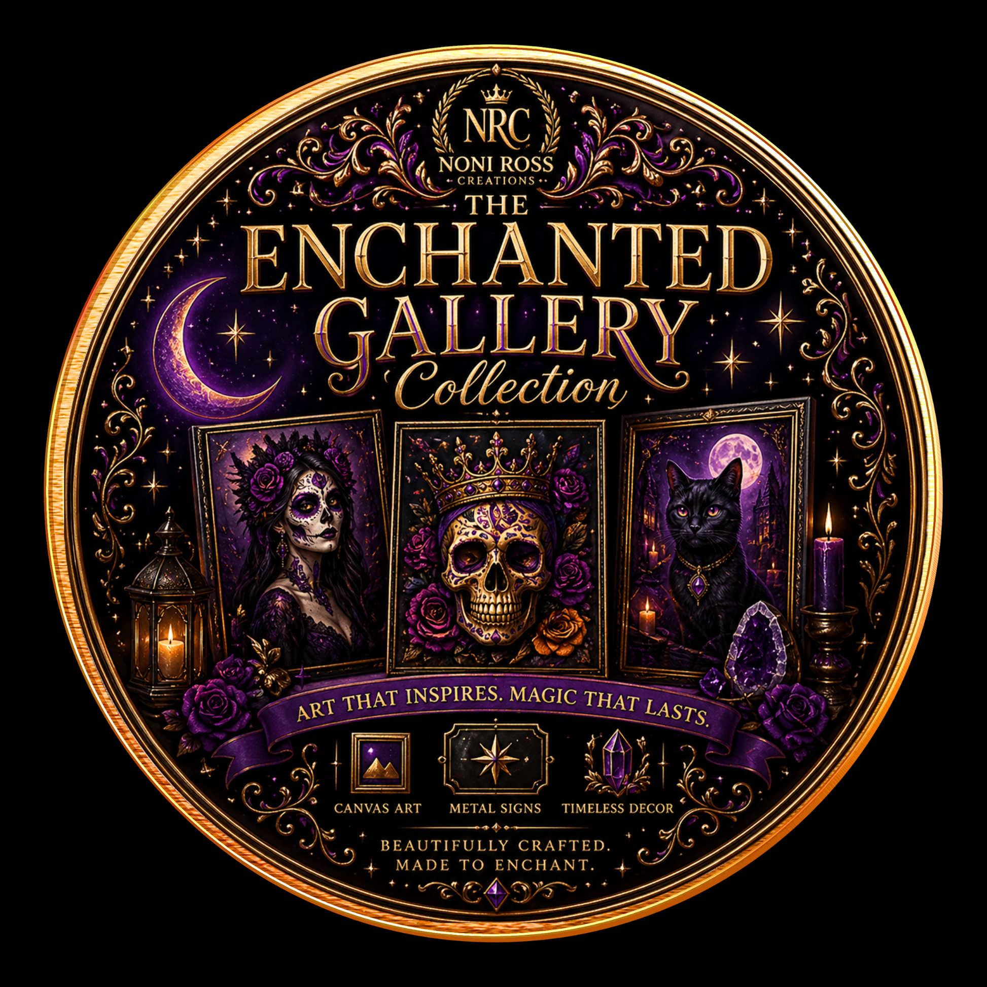 Noni Ross Creations Enchanted Gallery Collection badge featuring mystical wall art with celestial elements, skull motifs, and luxury gothic design