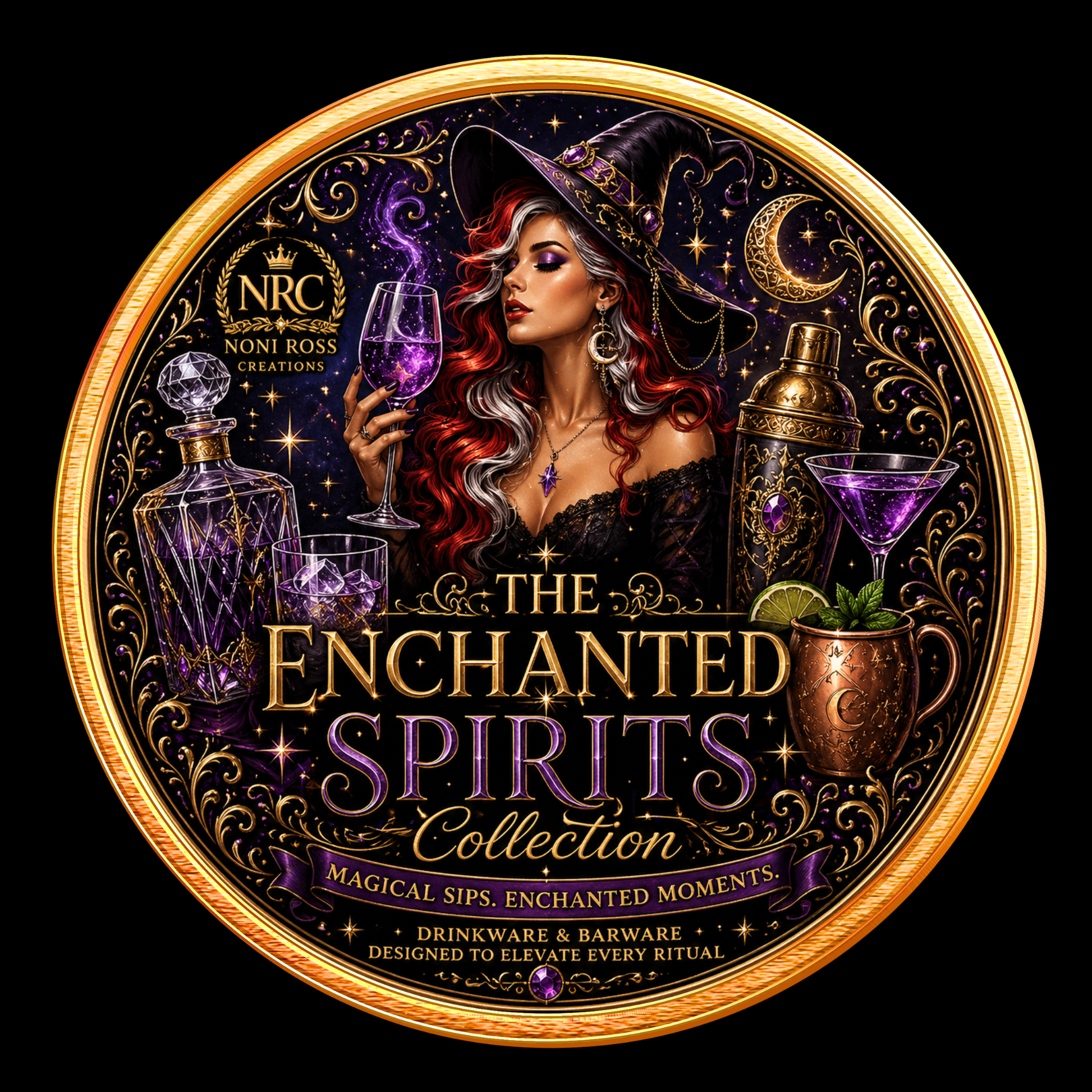 Noni Ross Creations Enchanted Spirits Collection badge featuring mystical barware and drinkware with glowing magical chalice aesthetic