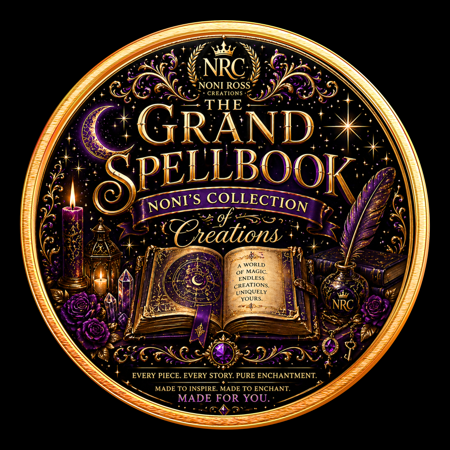 Noni Ross Creations Grand Spellbook Collection badge featuring magical open spellbook, candles, crystals, and celestial elements with luxury gothic aesthetic