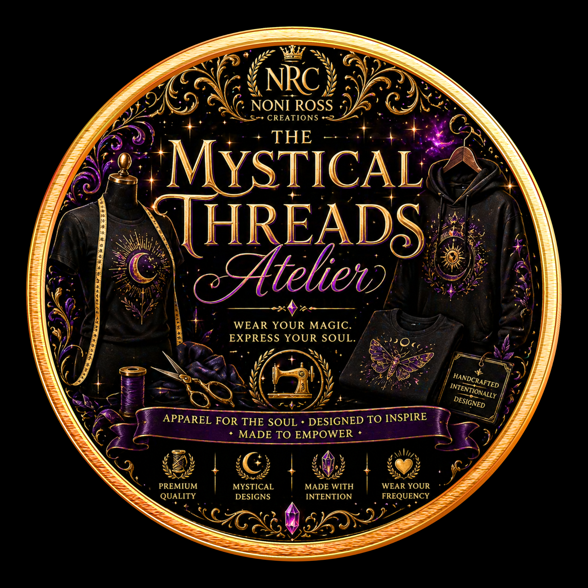 Noni Ross Creations Mystical Threads Atelier badge featuring magical apparel designs with celestial elements and luxury fabric aesthetic