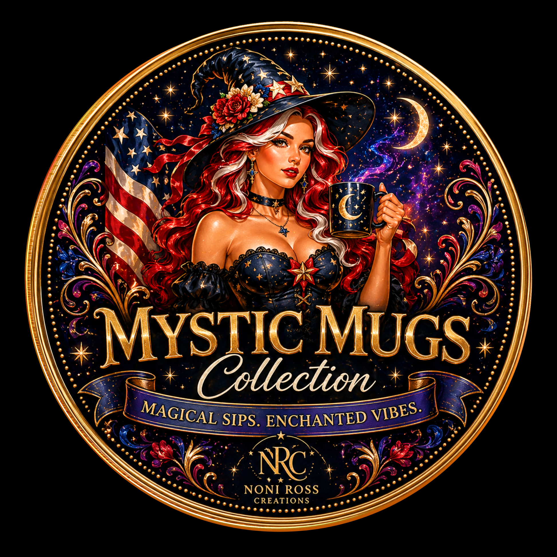 Noni Ross Creations Mystic Mugs Collection badge featuring magical ceramic mugs with celestial designs and enchanting luxury aesthetic