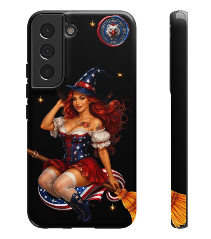 Samsung Galaxy S22 phone case with patriotic witch design shown front and angled view