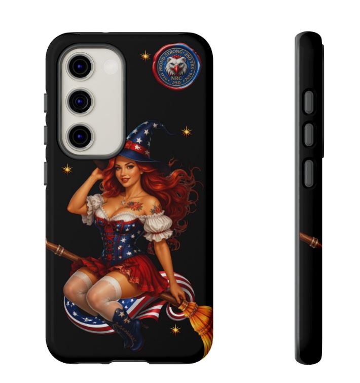 Samsung Galaxy S23 case with detailed patriotic witch design on black background