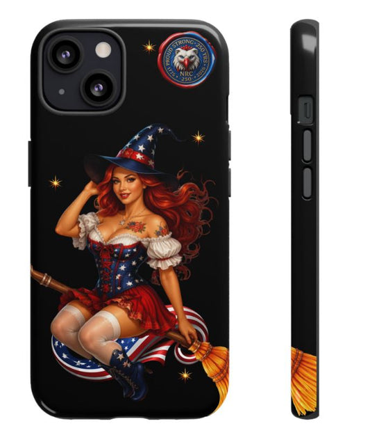 close-up of patriotic witch artwork on black phone case showing detailed print quality