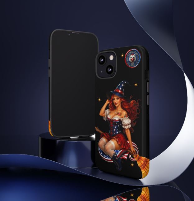 iPhone 13 tough phone case with patriotic witch design shown from front and side angles
