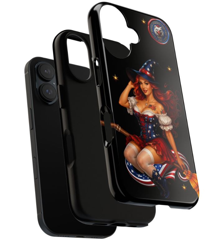 close-up of iPhone 16 tough phone case featuring patriotic witch artwork on black background with detailed print quality
