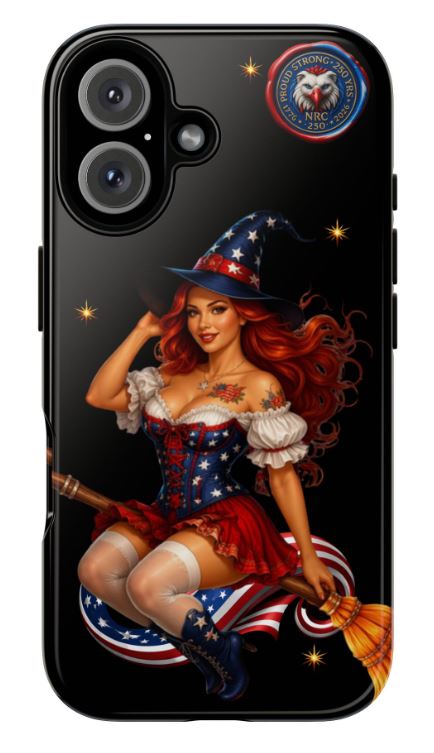front view of iPhone 16 protective case with red white and blue witch design on sleek black background