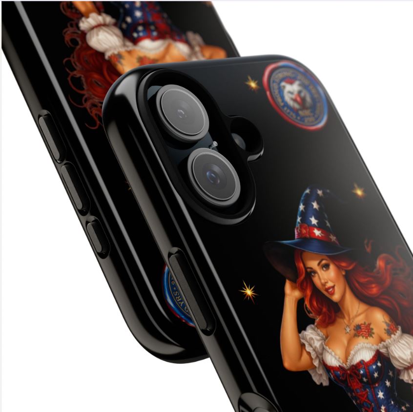 iPhone 16 patriotic witch phone case displayed in modern lifestyle setting with bold artistic design