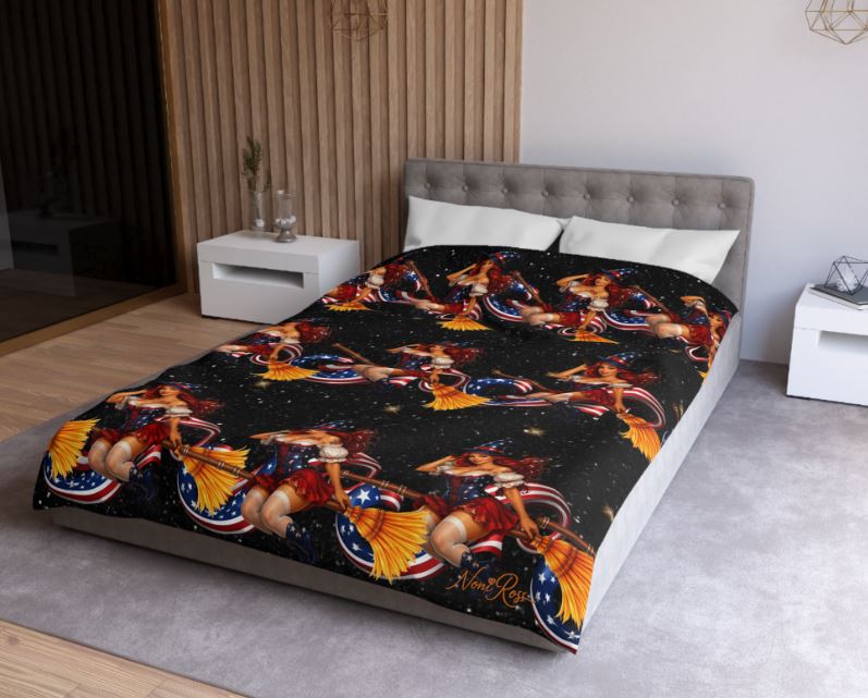 Stylish bedroom featuring Twin XL patriotic pinup duvet cover with bold Americana theme and vintage glamour aesthetic