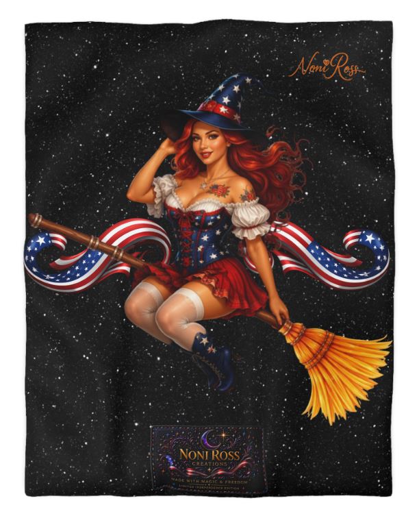Patriotic witch twin duvet cover with pinup design and starry night background