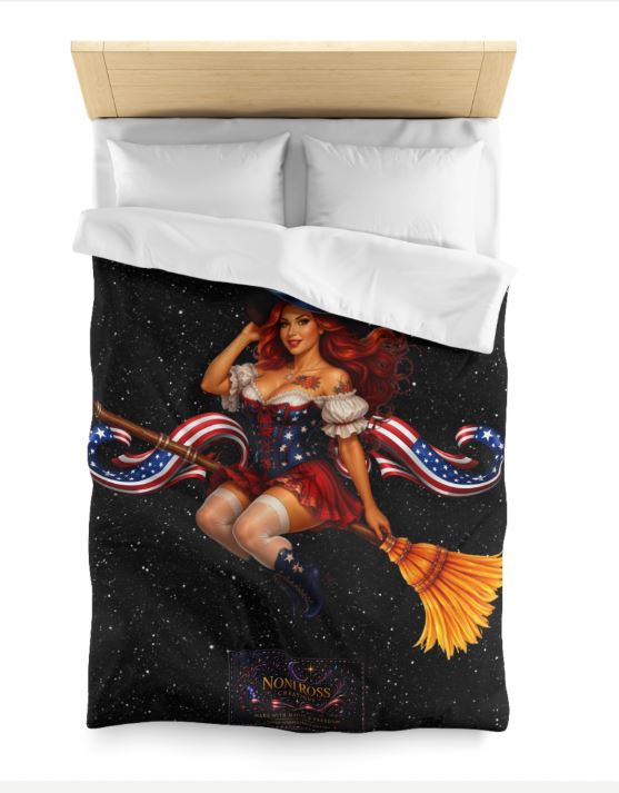 Bedroom mockup featuring twin duvet cover with celestial witch artwork and vibrant colors