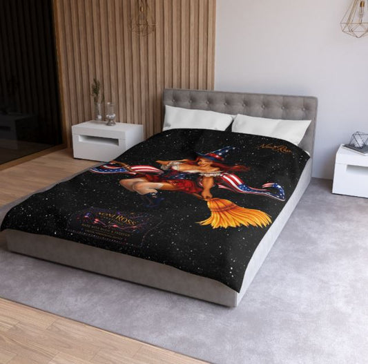 Close-up mockup of microfiber twin duvet cover showing detailed pinup witch design
