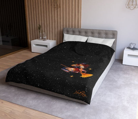 Modern bedroom featuring Twin XL minimalist duvet cover with single pinup witch design and dark aesthetic decor