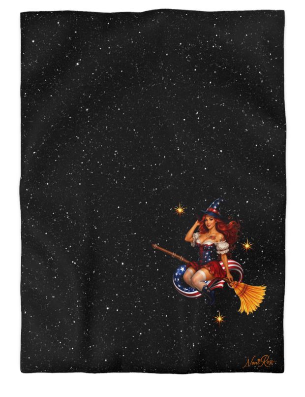 Minimal patriotic pinup witch Twin XL duvet cover with black starry background and single Noni broom design