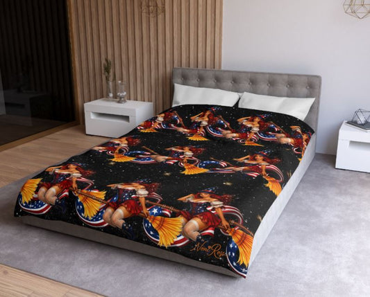 black duvet cover with patriotic witch artwork pattern styled on twin xl bed with pillows