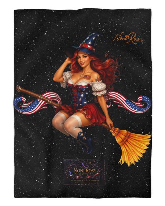 Patriotic witch Twin XL duvet cover with pinup design and starry night background on bed