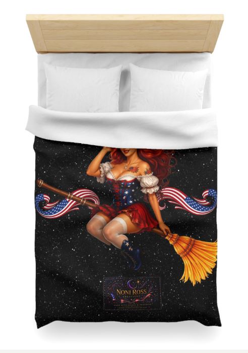 Dorm room mockup featuring Twin XL duvet cover with celestial witch artwork