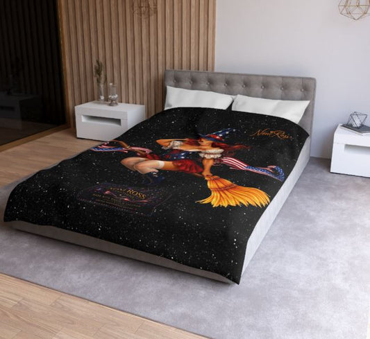 Close-up mockup of microfiber Twin XL duvet cover showing detailed pinup witch design