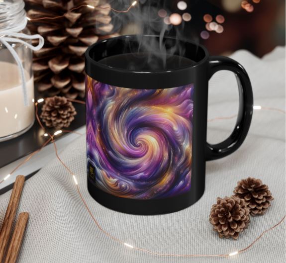 Violet Nebula Resonance mug displayed on table in calm setting with soft cosmic swirl design