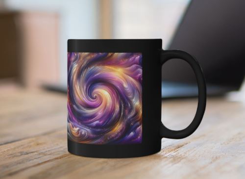 close-up of Violet Nebula Resonance mug highlighting glossy finish and detailed violet swirl pattern